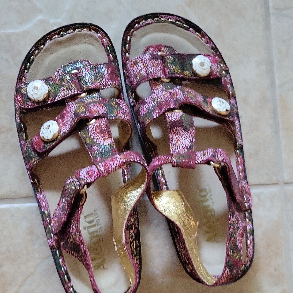 Alegria Pink and Gold Sandals with Floral Design, Size38/8 US